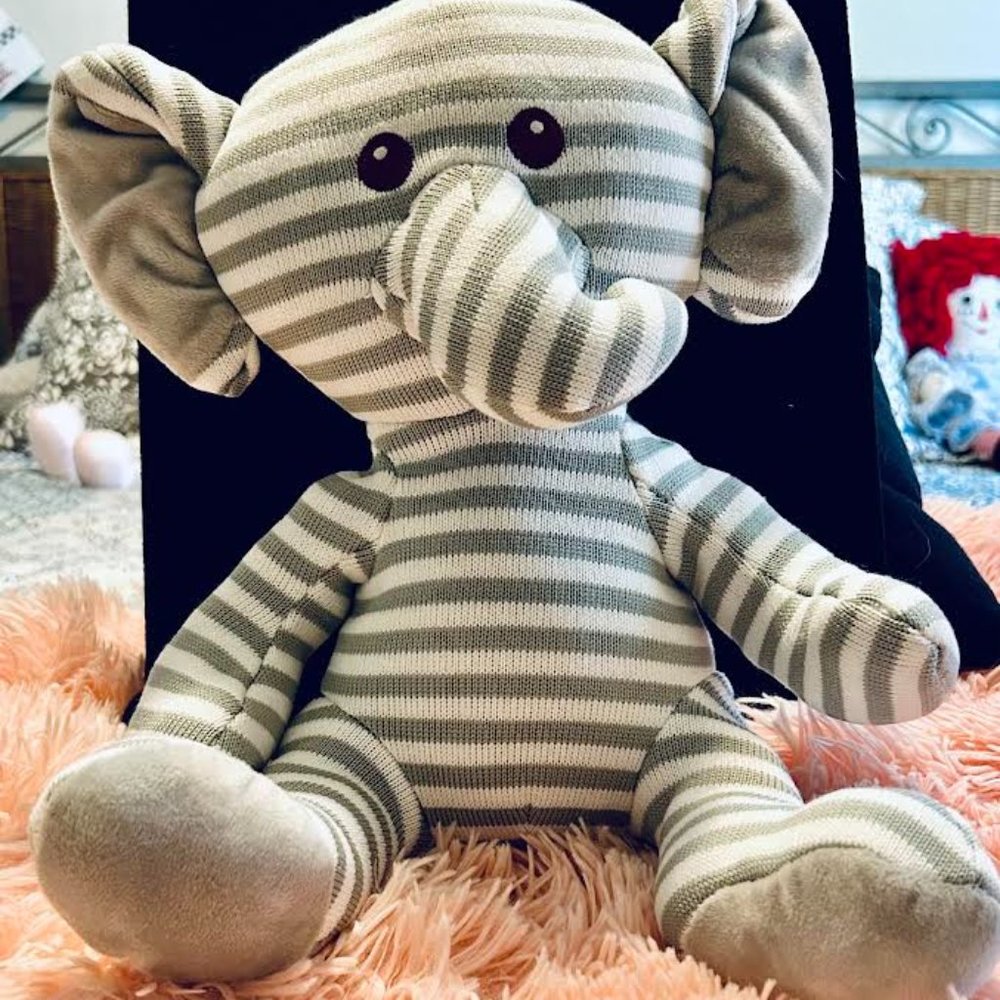 Goffa Gray and White Striped Knit Elephant Stuffed Animal